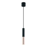 Lampa wisząca Slimi 1-punktowa w kolorze czarnym z elementami różowego złota, w kształcie cylindrycznym. Zawieszona na cienkim przewodzie, z minimalistycznym kloszem o połyskującej powierzchni. Idealna do nowoczesnych wnętrz.