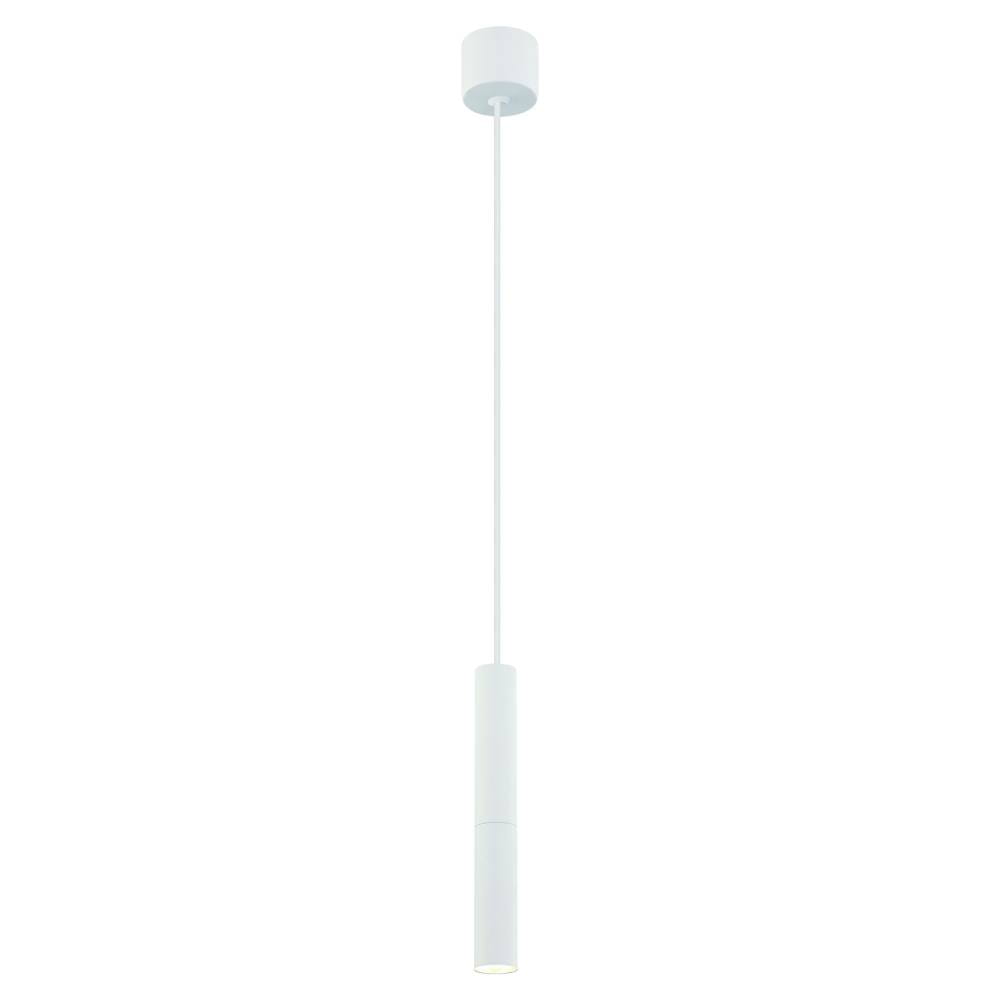 Biała lampa wisząca Slimi, z długim przewodem, w kształcie cylindrycznym. Zamontowana na okrągłym plafonie, minimalistyczny design, idealna do nowoczesnych wnętrz.