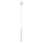 Biała lampa wisząca Slimi, z długim przewodem, w kształcie cylindrycznym. Zamontowana na okrągłym plafonie, minimalistyczny design, idealna do nowoczesnych wnętrz.