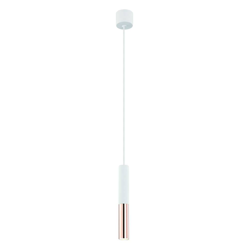 Lampa wisząca Slimi 1-punktowa w kolorze białym z różowo-złotym akcentem. Ma prosty, cylindryczny kształt, zawieszona na cienkim, białym kablu. Idealna do nowoczesnych wnętrz, na jasnym tle.