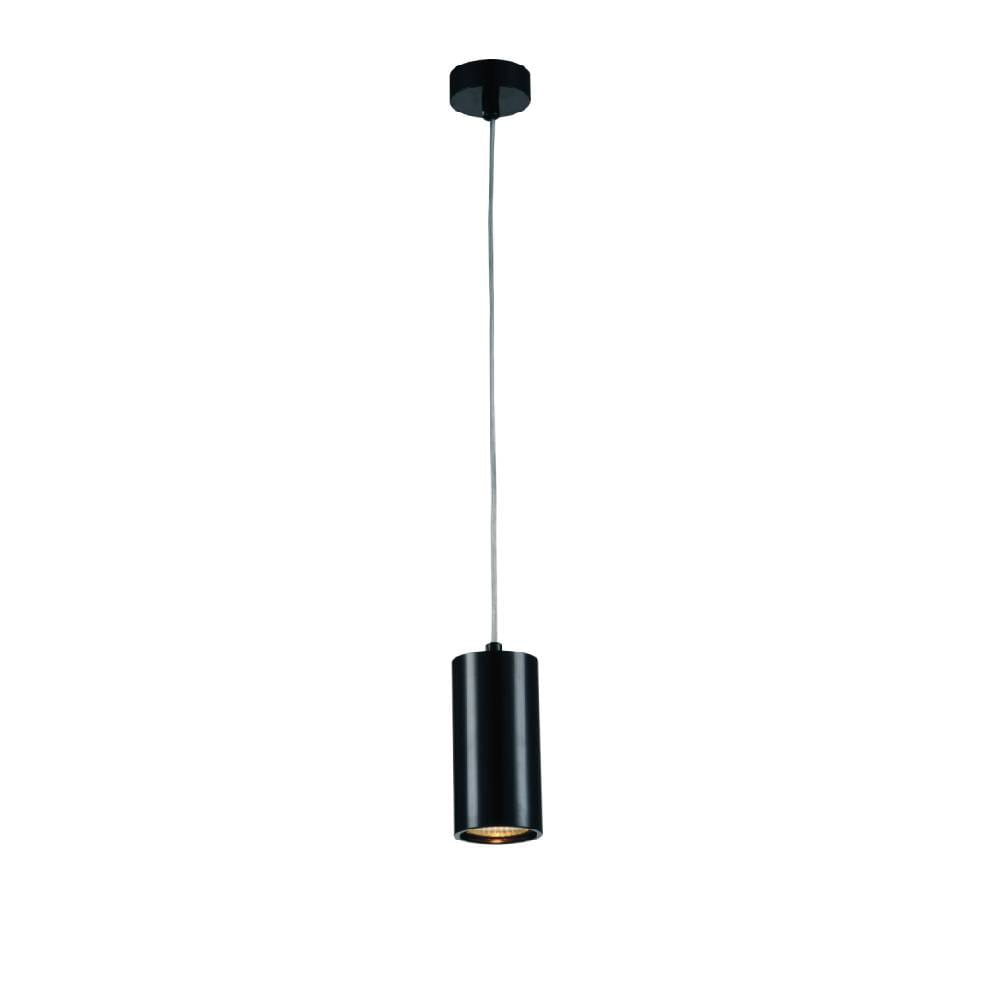 Lampa wisząca Kika S 85 w kolorze czarnym, w kształcie cylindrycznym, zawieszona na cienkim przewodzie. Ujęcie frontalne, z widocznym wnętrzem oprawy, które może emitować światło. Prosty, nowoczesny design, idealna do różnych wnętrz.