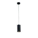 Lampa wisząca Kika S 85 w kolorze czarnym, w kształcie cylindrycznym, zawieszona na cienkim przewodzie. Ujęcie frontalne, z widocznym wnętrzem oprawy, które może emitować światło. Prosty, nowoczesny design, idealna do różnych wnętrz.