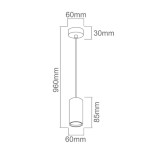 Lampa wisząca Kika S 85, o cylindrycznym kształcie, w kolorze białym, z metalowym mocowaniem. Wymiary: średnica 60 mm, wysokość 85 mm. Długość zawieszenia wynosi 960 mm, idealna do nowoczesnych wnętrz.