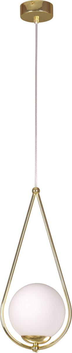 Lampa wisząca Neve Gold 1-punktowa K-4775, w złotej oprawie, z białym, okrągłym kloszem. Ujęcie frontalne, lampa zwisa na cienkim, białym kablu. Prosta konstrukcja z eleganckimi detalami, idealna do nowoczesnych wnętrz.
