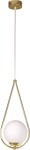 Lampa wisząca Neve Gold 1-punktowa K-4775, w złotej oprawie, z białym, okrągłym kloszem. Ujęcie frontalne, lampa zwisa na cienkim, białym kablu. Prosta konstrukcja z eleganckimi detalami, idealna do nowoczesnych wnętrz.