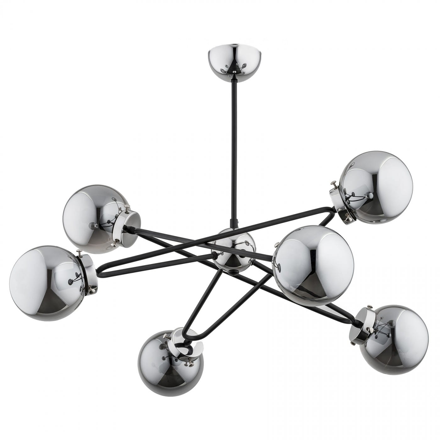 Lampa wisząca Sagito 6-punktowa w kolorze chromu, z sześcioma okrągłymi kloszami. Konstrukcja na czarnych ramionach, z centralnym mocowaniem sufitowym. Widok z dołu, ukazujący detale wykończenia i połysk powierzchni.