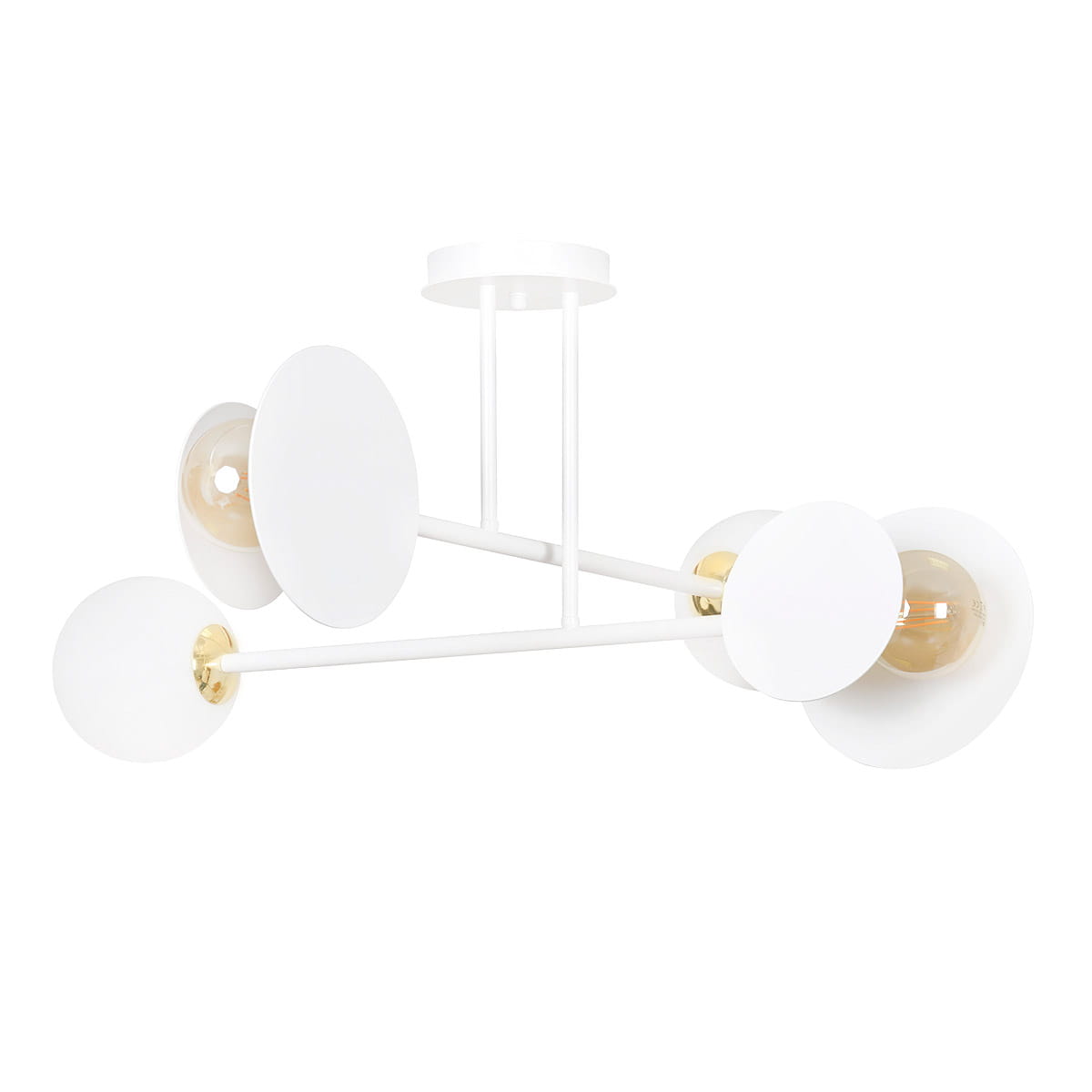 Lampa sufitowa Minerva 4-punktowa w kolorze białym, z czterema okrągłymi kloszami, zamocowana na białej konstrukcji z metalowymi elementami w kolorze złotym. Ujęcie z boku, ukazujące nowoczesny design i rozmieszczenie źródeł światła.
