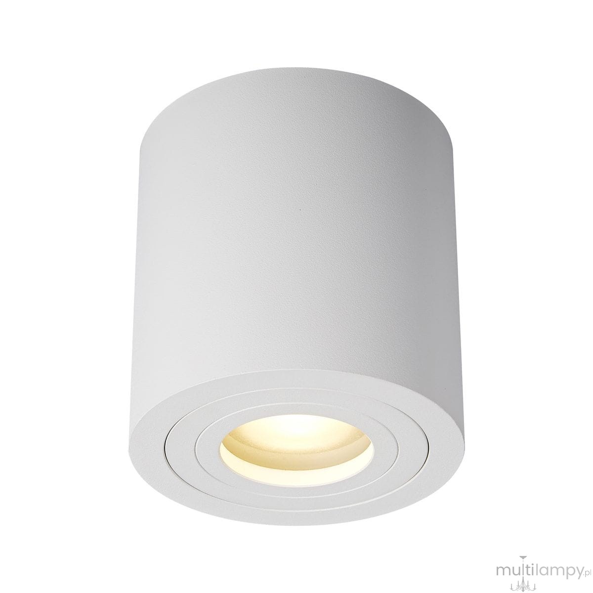 Lampa sufitowa Rondip IP44 w kolorze białym, cylindryczna, o fakturze matowej. Ujęcie z boku, ukazujące źródło światła na dole. Prosta, nowoczesna konstrukcja z widocznymi okrągłymi detalami na krawędzi. Idealna do wnętrz i przestrzeni na zewnątrz.