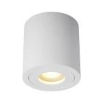 Lampa sufitowa Rondip IP44 w kolorze białym, cylindryczna, o fakturze matowej. Ujęcie z boku, ukazujące źródło światła na dole. Prosta, nowoczesna konstrukcja z widocznymi okrągłymi detalami na krawędzi. Idealna do wnętrz i przestrzeni na zewnątrz.