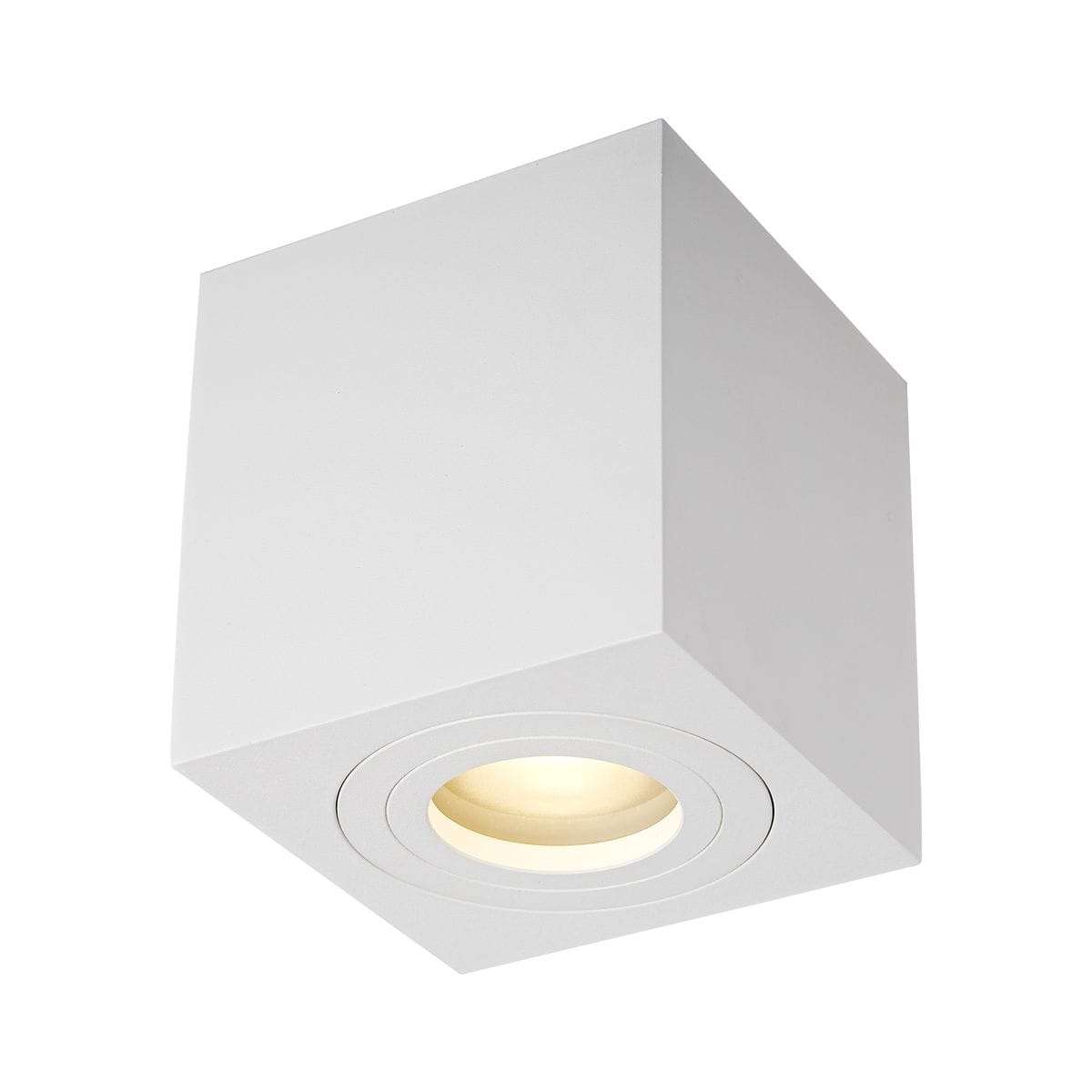 Lampa sufitowa Quardip IP44 w kolorze białym, o kwadratowym kształcie. Ujęcie z dołu, z widocznym źródłem światła w okrągłej oprawie. Materiał matowy, prosty design, idealna do wnętrz oraz na zewnątrz.
