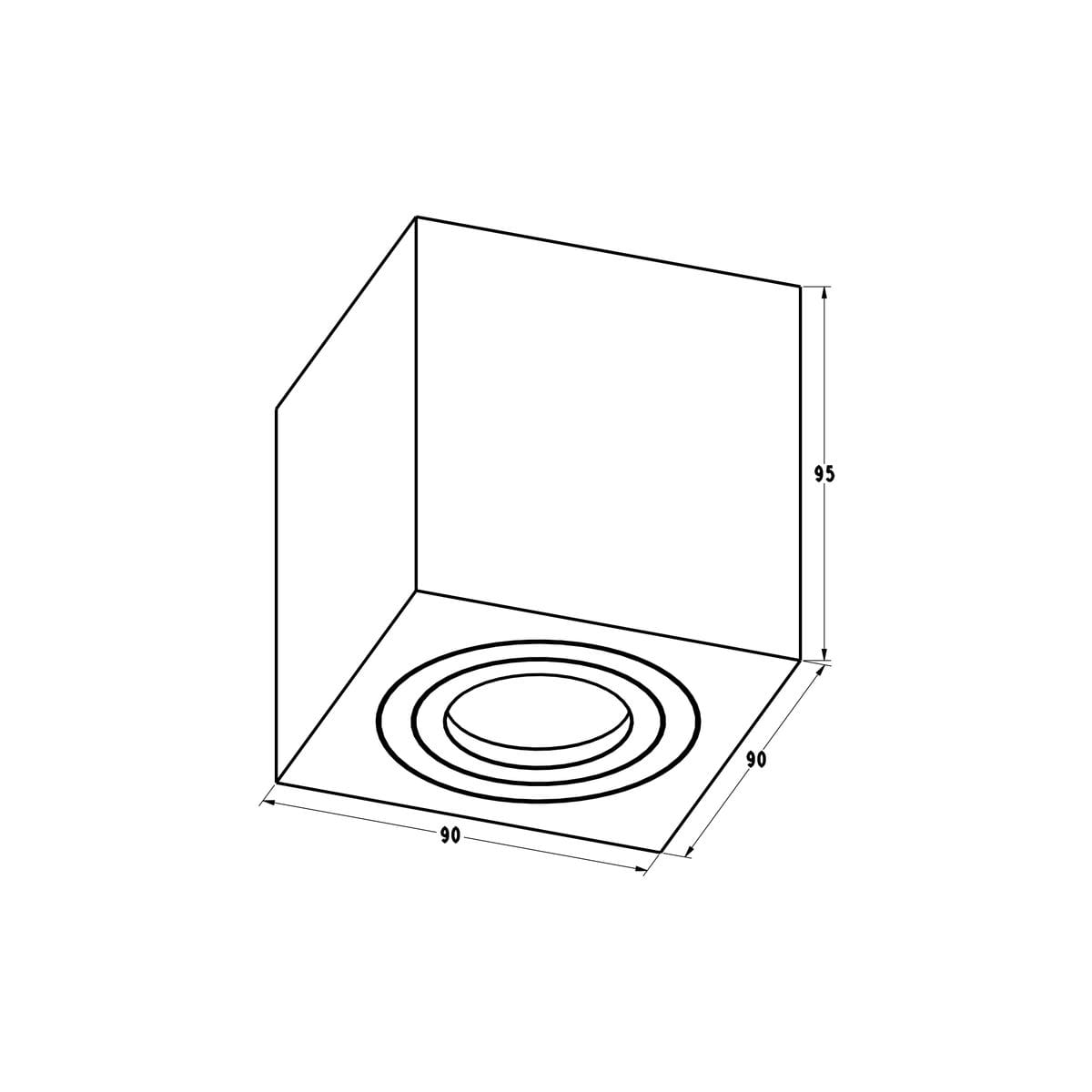 Biała lampa sufitowa Quardip IP44, 1-punktowa, z okrągłym dekorem o średnicy 90 mm. Ujęcie z góry, ukazujące wymiary 90x90 mm oraz wysokość 95 mm. Prosty, minimalistyczny design, idealny do różnych wnętrz.