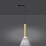 Lampa wisząca Goldi 1-punktowa, czarna z metalowym, cylindrycznym kloszem w kolorze złotym. Ujęcie frontalne, lampa zawieszona na cienkim, czarnym przewodzie. Jasne światło emitowane z dolnej części klosza, na szarym tle.