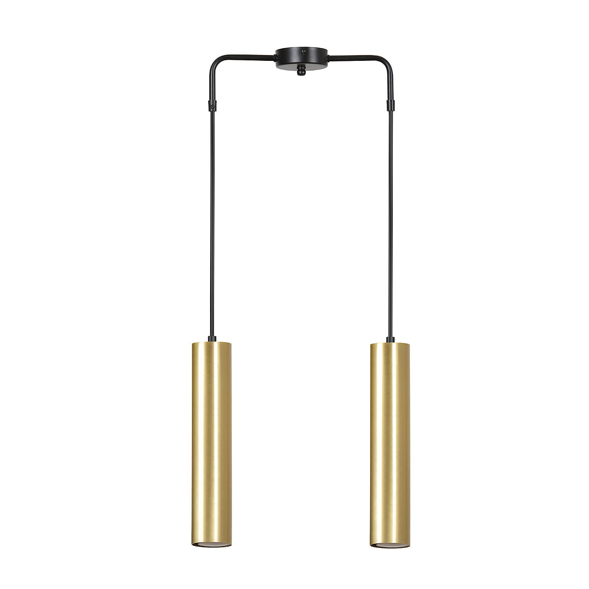 Lampa wisząca Goldi 2-punktowa, czarna, z dwoma cylindrycznymi kloszami w kolorze złotym. Ujęcie frontalne, zawieszona na czarnych linkach, z metalowym mocowaniem. Idealna do nowoczesnych wnętrz.