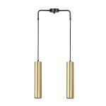 Lampa wisząca Goldi 2-punktowa, czarna, z dwoma cylindrycznymi kloszami w kolorze złotym. Ujęcie frontalne, zawieszona na czarnych linkach, z metalowym mocowaniem. Idealna do nowoczesnych wnętrz.