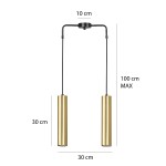 Czarna lampa wisząca Goldi 2-punktowa z dwoma złotymi, cylindrycznymi kloszami o wysokości 30 cm, zawieszona na cienkim kabelku. Wymiary: 10 cm szerokości, maksymalna długość 100 cm. Prosta konstrukcja, nowoczesny design.