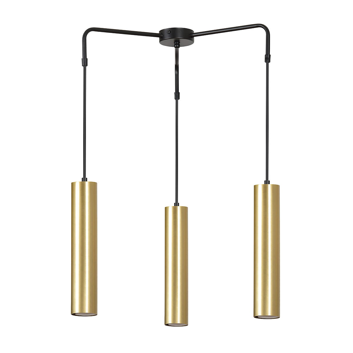 Goldi Premium lampa wisząca 3-punktowa w kolorze czarnym z trzema cylindrycznymi kloszami w złotym kolorze. Produkt zawieszony na czarnych linkach, z metalową podstawą. Klosze mają gładką, błyszczącą powierzchnię.