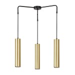 Goldi Premium lampa wisząca 3-punktowa w kolorze czarnym z trzema cylindrycznymi kloszami w złotym kolorze. Produkt zawieszony na czarnych linkach, z metalową podstawą. Klosze mają gładką, błyszczącą powierzchnię.