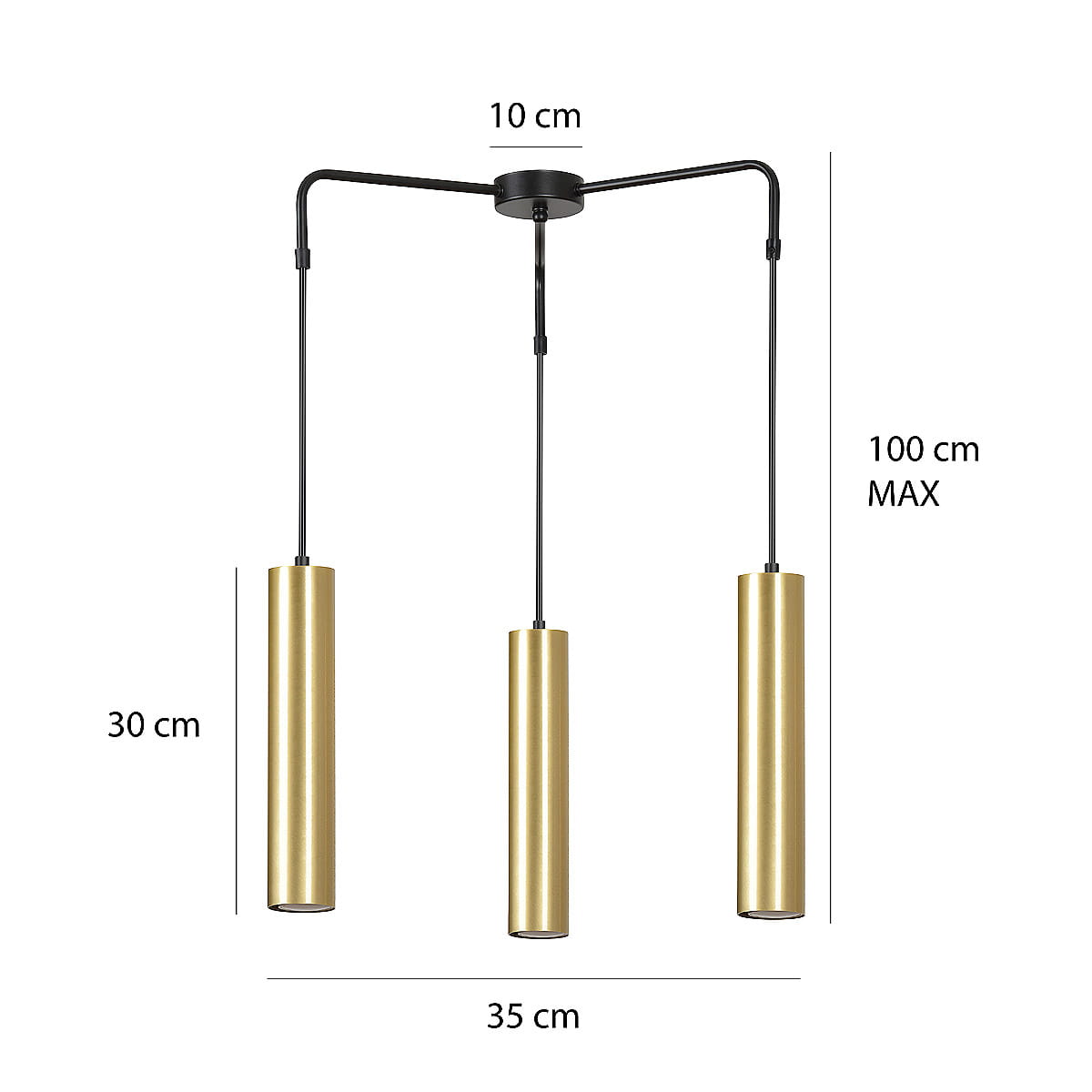 Lampa wisząca Goldi Premium 3-punktowa w kolorze czarnym z trzema złotymi cylindrycznymi kloszami. Wymiary: długość 35 cm, wysokość 30 cm, maksymalna wysokość zawieszenia 100 cm. Ujęcie z boku, ukazujące szczegóły konstrukcji.