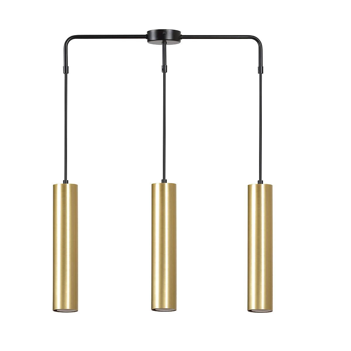 Lampa wisząca Goldi 3-punktowa w kolorze czarnym z trzema cylindrycznymi kloszami w odcieniu złotym. Klosze zawieszone na cienkich, czarnych linkach, przymocowane do okrągłej podstawy sufitowej. Prosty, nowoczesny design.