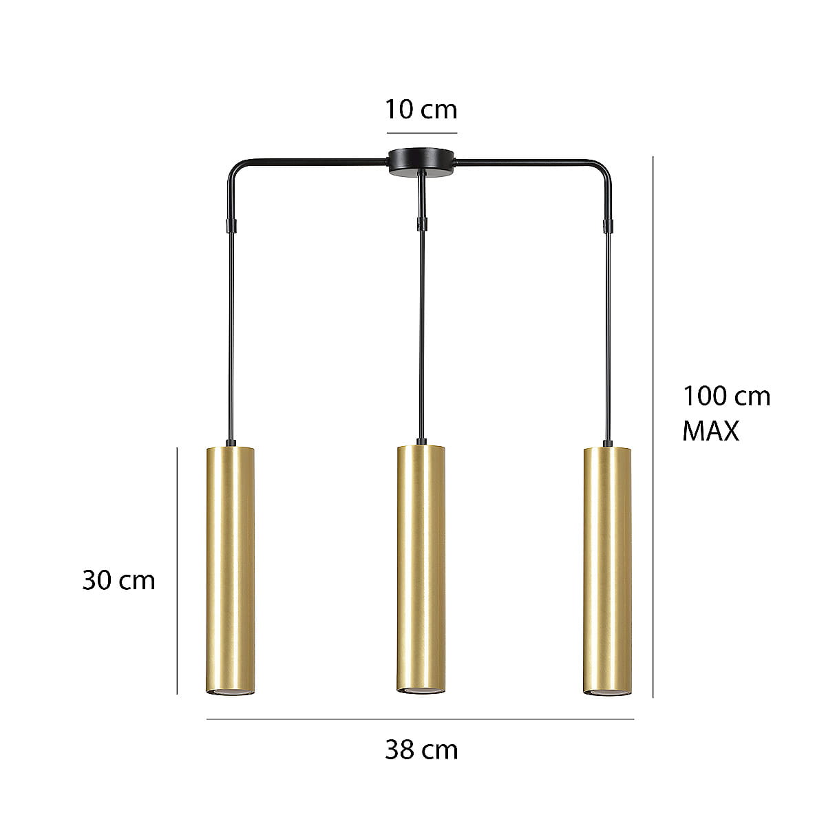 Lampa wisząca Goldi 3-punktowa w kolorze czarnym z trzema cylindrycznymi kloszami w złotym odcieniu. Wymiary: długość 38 cm, wysokość 30 cm, maksymalna wysokość zawieszenia 100 cm. Produkt zawieszony na czarnym stelażu.