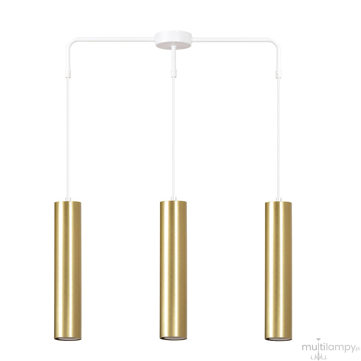 Biała lampa wisząca Goldi z trzema złotymi, cylindrycznymi kloszami. Klasyczny design z metalowymi elementami, zawieszona na białych linkach. Klosze mają gładką, błyszczącą powierzchnię, co nadaje elegancki wygląd. Ujęcie z przodu.