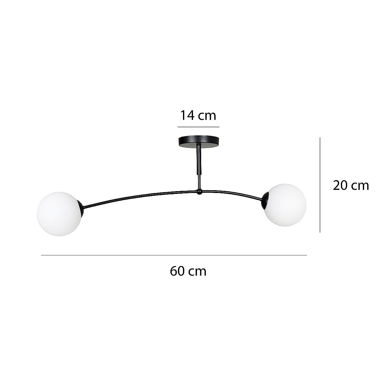 Czarna lampa sufitowa Pregos 2-punktowa z białymi kloszami, o wymiarach 60 cm długości, 20 cm wysokości i 14 cm średnicy kloszy. Ułożona w łuk, zamontowana na czarnym mocowaniu sufitowym.