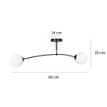 Czarna lampa sufitowa Pregos 2-punktowa z białymi kloszami, o wymiarach 60 cm długości, 20 cm wysokości i 14 cm średnicy kloszy. Ułożona w łuk, zamontowana na czarnym mocowaniu sufitowym.