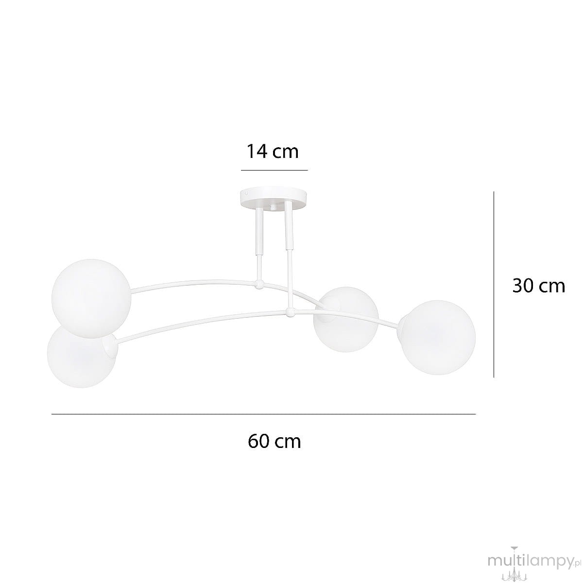 Lampa sufitowa Pregos 4-punktowa w kolorze białym. Składa się z czterech okrągłych kloszy na cienkich, zakrzywionych ramionach. Wymiary: 60 cm szerokości, 30 cm wysokości, 14 cm średnicy podstawy. Produkt zamontowany na suficie.