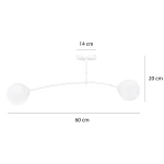 Biała lampa sufitowa Pregos 2-punktowa z dwoma okrągłymi kloszami. Ułożona poziomo, w kształcie łuku, z wymiarami 60 cm szerokości, 20 cm wysokości i 14 cm średnicy kloszy. Prosta konstrukcja, idealna do nowoczesnych wnętrz.