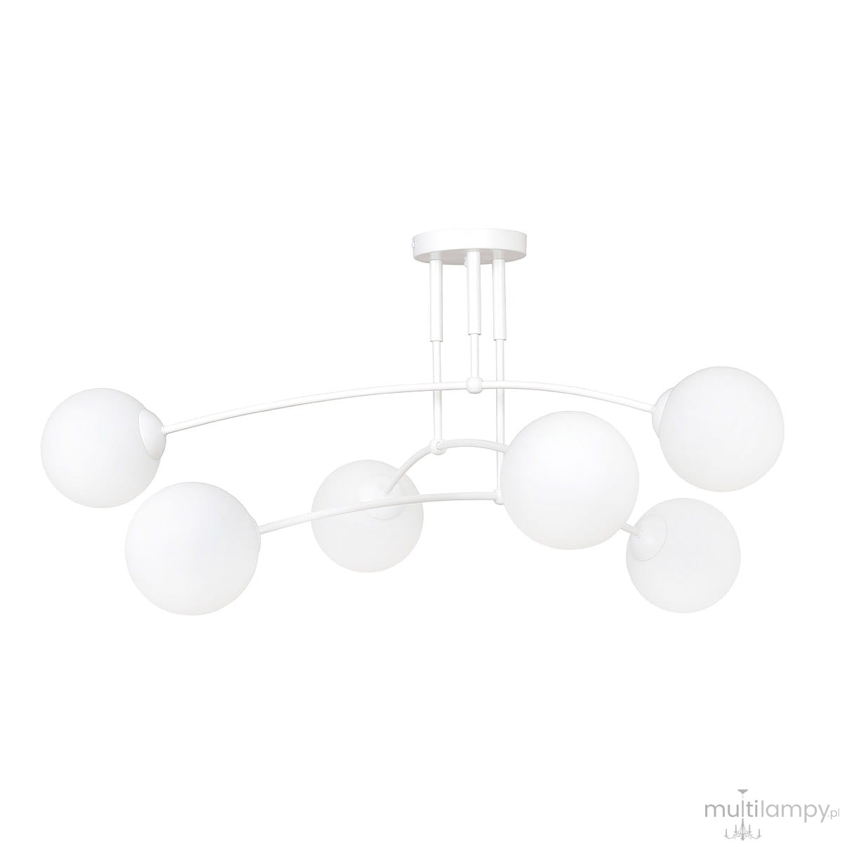 Lampa sufitowa Pregos w kolorze białym, 6-punktowa, z okrągłymi, matowymi kloszami w formie półkul. Ułożona na wiszącej konstrukcji z prostych rur, z subtelnym, nowoczesnym designem. Montowana do sufitu, z widocznymi mocowaniami.