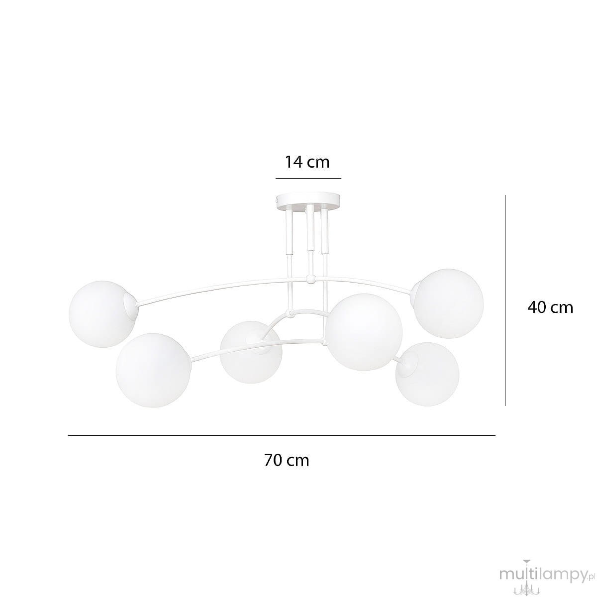 Biała lampa sufitowa Pregos 671/6 z sześcioma kulistymi kloszami o średnicy 14 cm, zamontowana na metalowej konstrukcji. Wymiary: 70 cm szerokości, 40 cm wysokości. Klosze rozmieszczone na zakrzywionych ramionach.