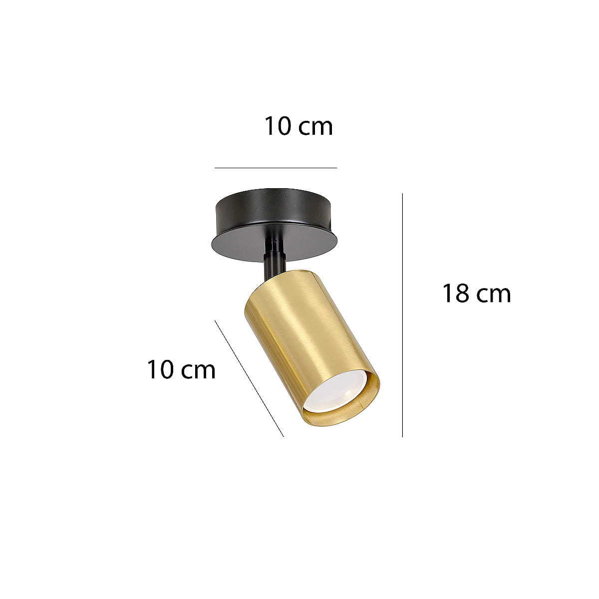 Czarna lampa sufitowa (spot) Zen 622/1 z metalowym kloszem w kolorze złotym. Wymiary: średnica 10 cm, wysokość 18 cm. Ujęcie z boku, lampa zamontowana na suficie, w zbliżeniu na klosz.