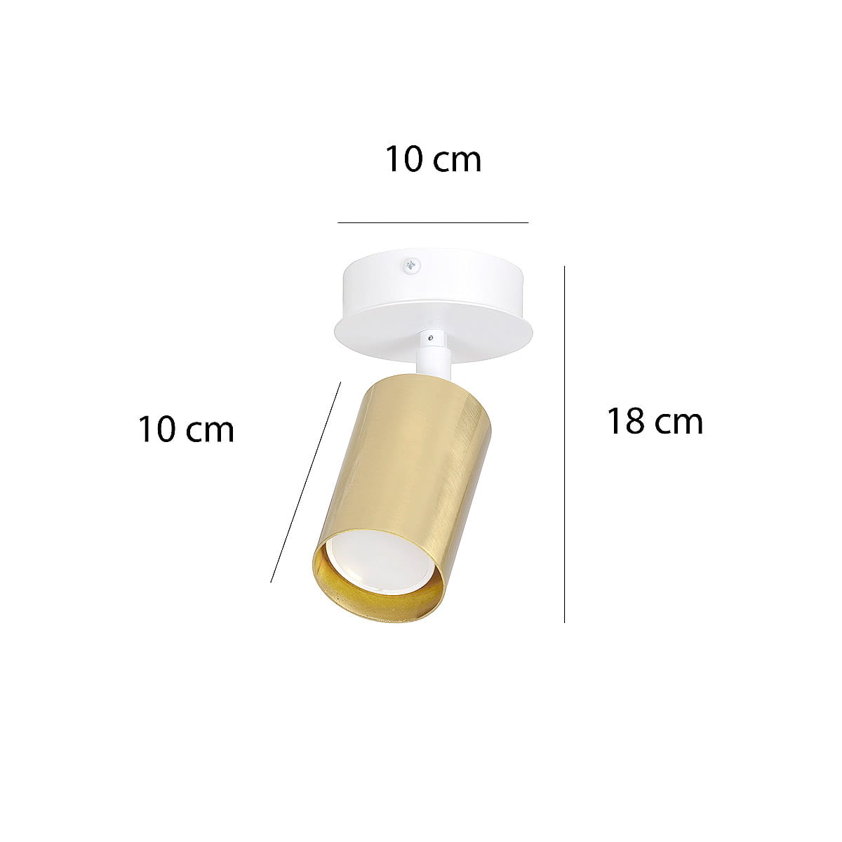 Lampa sufitowa Zen 1-punktowa o białej podstawie i złotym kloszu, cylindrycznym kształcie. Wymiary: średnica 10 cm, wysokość 18 cm. Ujęcie z góry, ukazujące detale i proporcje lampy.