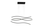 Czarna lampa wisząca LED Waves z czterema falistymi elementami, zawieszona na cienkich linkach. Lampa ma prostokątną podstawę montażową, a jej elegancka forma idealnie sprawdzi się w nowoczesnych wnętrzach.