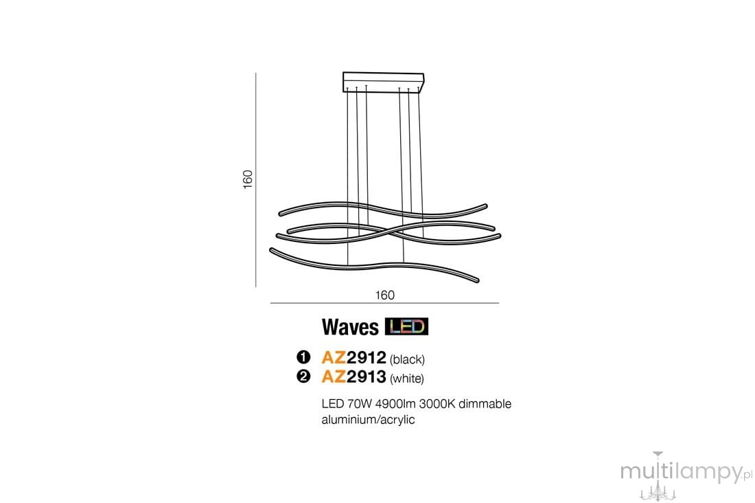 Czarna lampa wisząca Waves LED 4-punktowa, wykonana z aluminium i akrylu. Kształt falisty, z czterema oprawami LED. Wymiary: 160 cm szerokości i wysokości. Dimmable, 70W, 4900lm, 3000K. Świetna do nowoczesnych wnętrz.