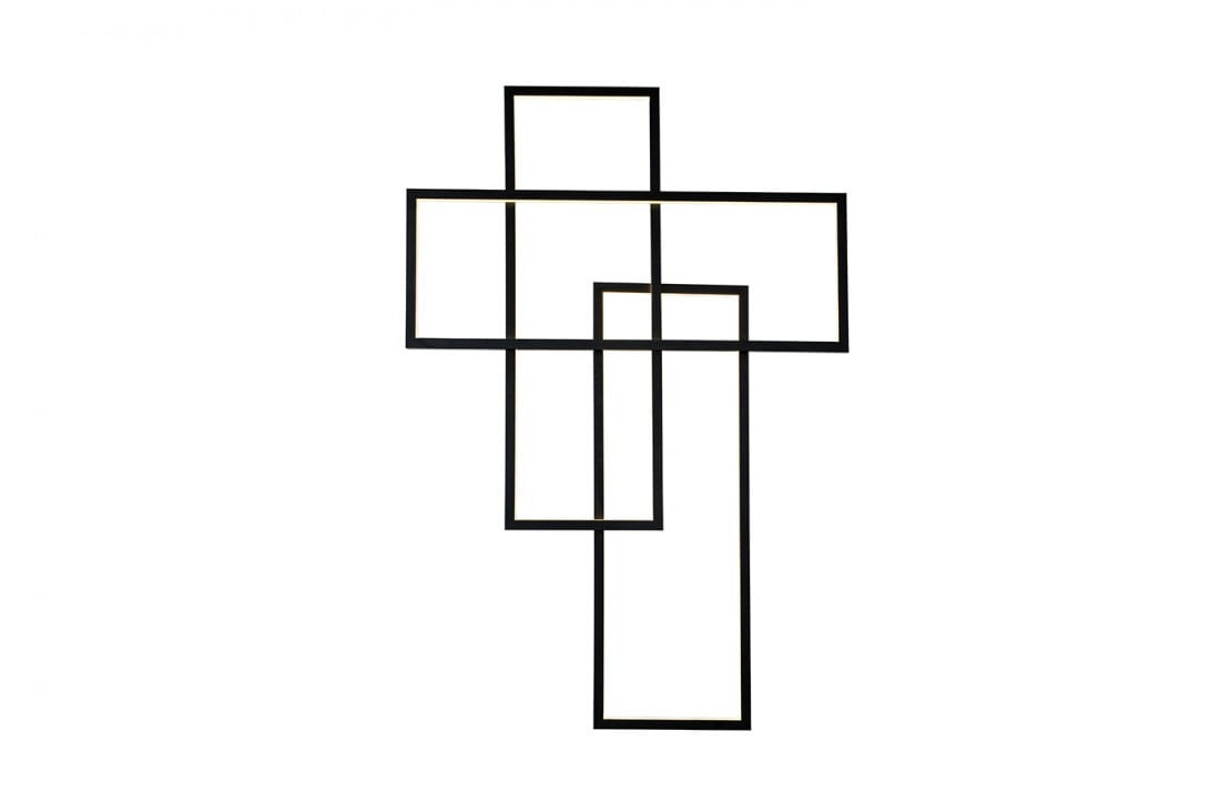 Quadratus LED kinkiet 3-punktowy w kolorze czarnym, składający się z trzech prostokątnych ram w różnych rozmiarach, ułożonych w nowoczesny, abstrakcyjny wzór. Produkt zamontowany na ścianie, z widocznymi miejscami na źródła światła.