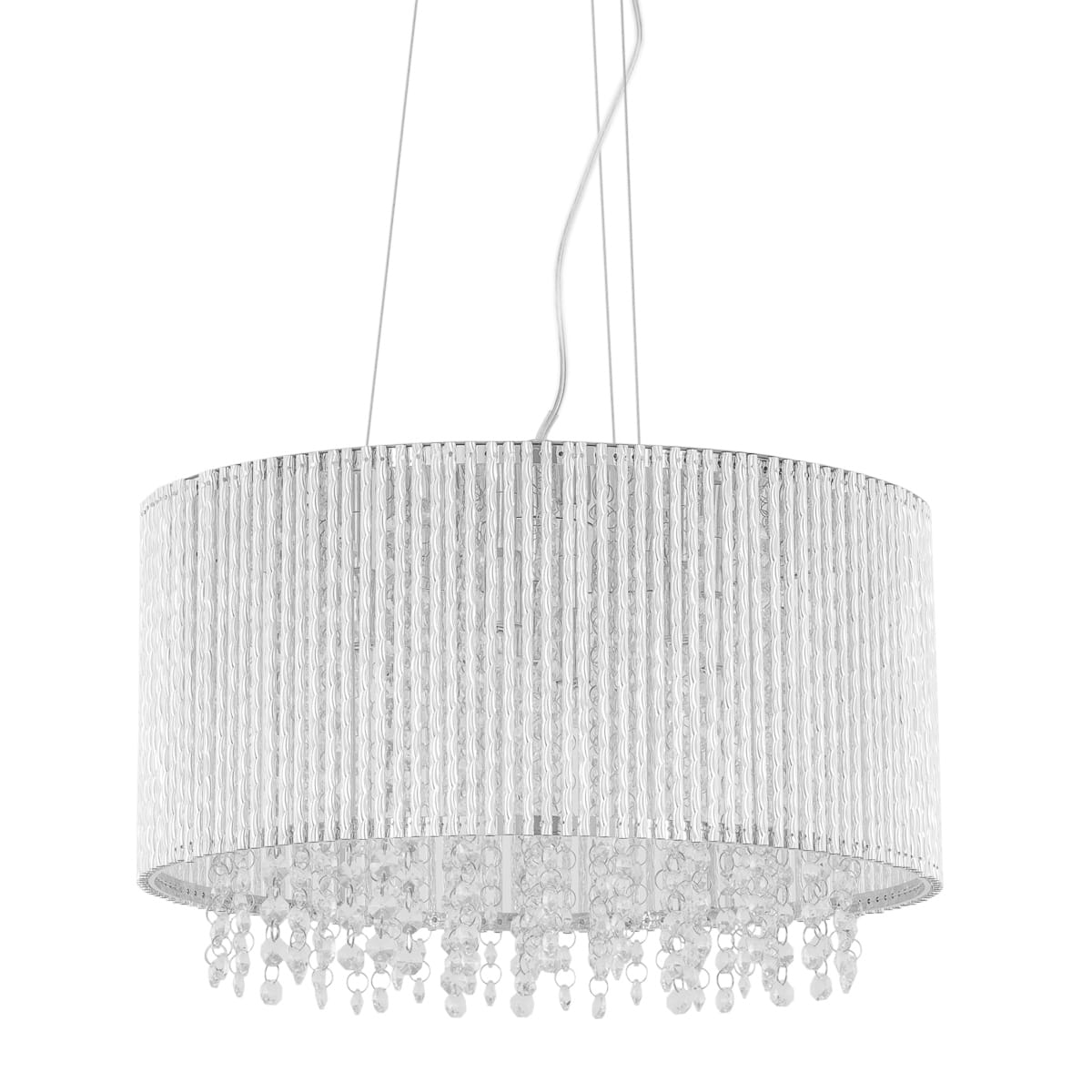Lampa wisząca Anabella 7-punktowa w okrągłej, transparentnej obudowie z poziomymi prążkami, zdobiona kryształowymi detalami u dołu. Zawieszona na cienkim przewodzie, prezentuje elegancki design idealny do nowoczesnych wnętrz.