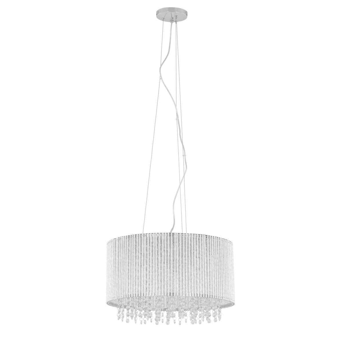Lampa wisząca Anabella, 7-punktowa, z okrągłym kloszem w srebrnym kolorze, wykończonym drobnymi żeberkami. Zawieszona na trzech cienkich linkach, z dekoracyjnymi kryształkami na dole, na białym tle.