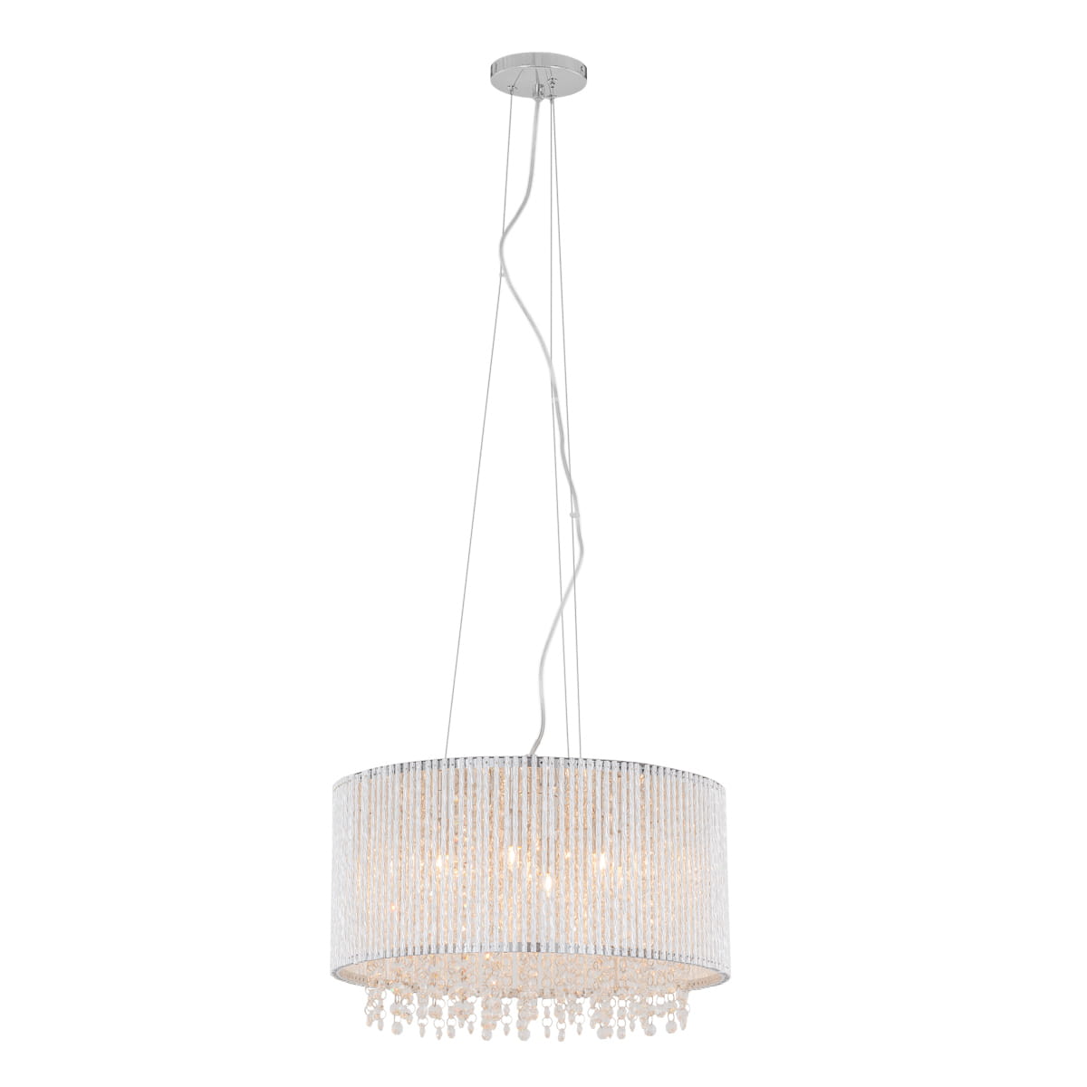 Lampa wisząca Anabella 7-punktowa, okrągła, z przezroczystymi kryształkami i metalową podstawą w kolorze chromu. Zawieszona na cienkich linkach, z podświetleniem wewnętrznym, idealna do eleganckich wnętrz.