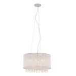 Lampa wisząca Anabella 7-punktowa, okrągła, z przezroczystymi kryształkami i metalową podstawą w kolorze chromu. Zawieszona na cienkich linkach, z podświetleniem wewnętrznym, idealna do eleganckich wnętrz.