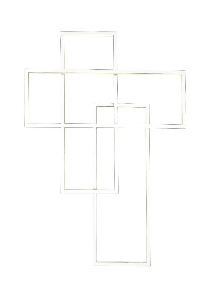 Biały kinkiet LED Quadratus z trzema punktami świetlnymi, o geometrycznym kształcie, składający się z prostokątnych ram. Zawieszony na ścianie w pozycji pionowej, zapewnia nowoczesne oświetlenie.