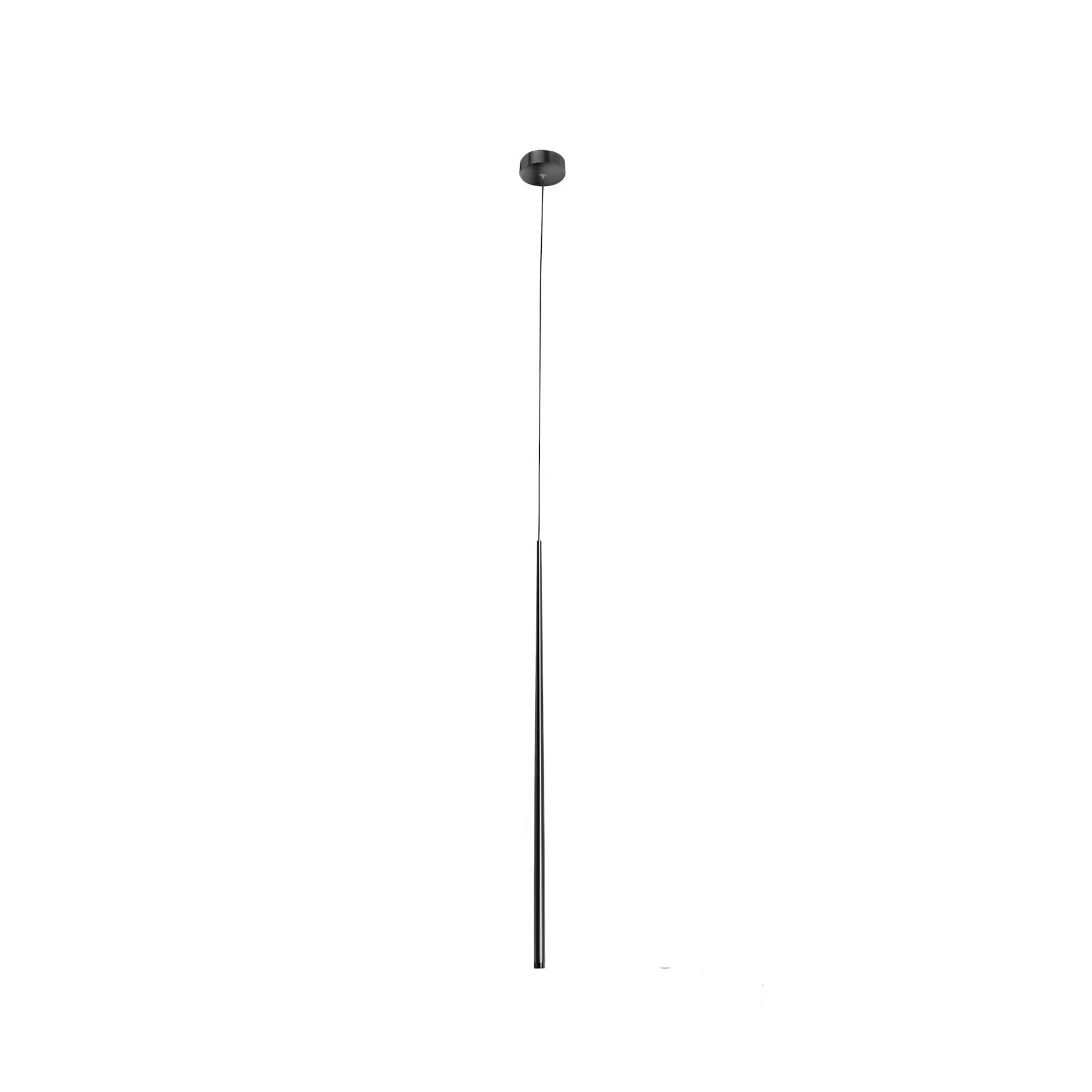 Czarna lampa wisząca LED Louise, 1-punktowa, o minimalistycznym designie. Zawieszona na cienkim kablu, z okrągłym mocowaniem u sufitu. Wysoka, smukła forma podkreśla nowoczesny styl. Idealna do wnętrz w stylu skandynawskim lub industrialnym.