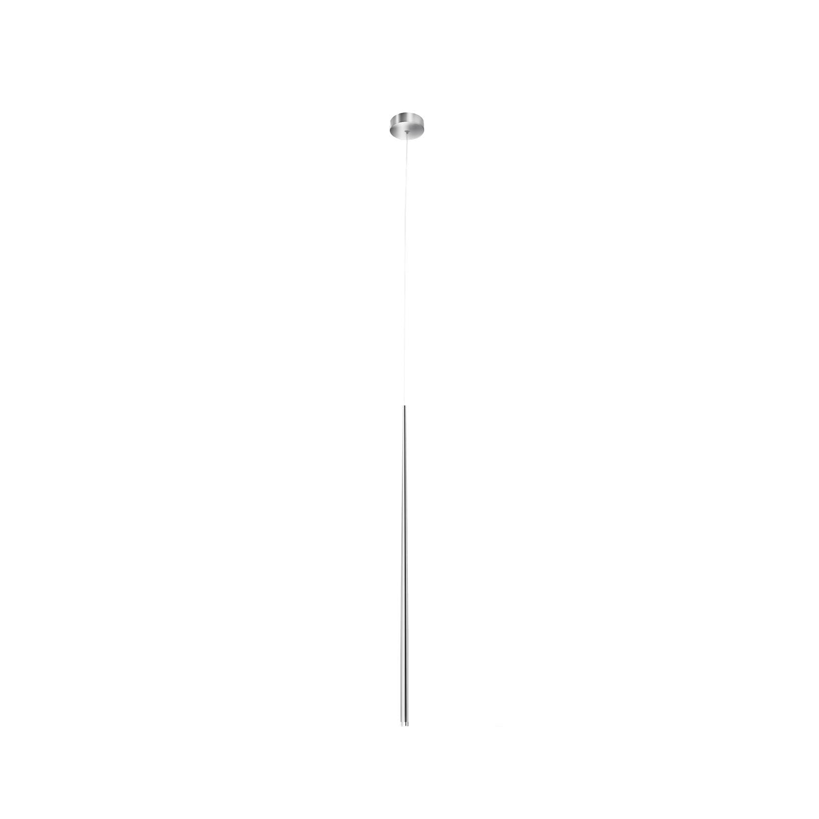 Lampa wisząca Louise LED 1-punktowa w chromowanej obudowie, z cienkim, prostym kablem. Ujęcie frontalne, zawieszona na suficie. Minimalistyczny design, idealna do nowoczesnych wnętrz. Tło białe, co podkreśla elegancję lampy.