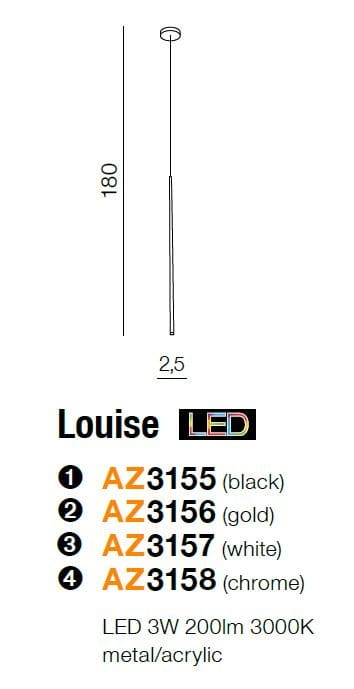 Złota lampa wisząca Louise LED 1-punktowa, wykonana z metalu i akrylu. Wysokość 180 cm, średnica 2,5 cm. Elegancki, minimalistyczny design, idealna do nowoczesnych wnętrz. Źródło światła LED 3W, 3000K.