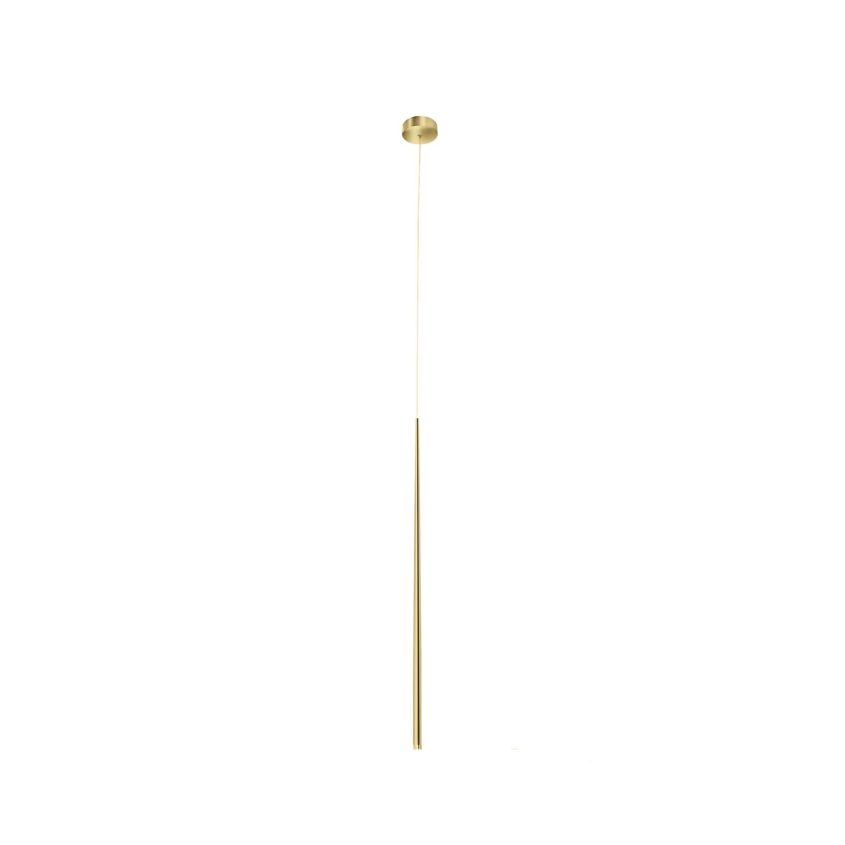 Złota lampa wisząca Louise LED 1-punktowa, o prostym, smukłym kształcie. Ujęcie frontalne, produkt zawieszony na cienkim przewodzie, idealny do nowoczesnych wnętrz. Tło białe, co podkreśla elegancję lampy.