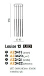 Louise LED lampa wisząca 12-punktowa w kolorze chromu, z metalowymi i akrylowymi elementami. Ma okrągły sufitowy mocowanie o średnicy 45 cm oraz długie, smukłe przewody, zawieszone w pionie, o wysokości 180 cm.