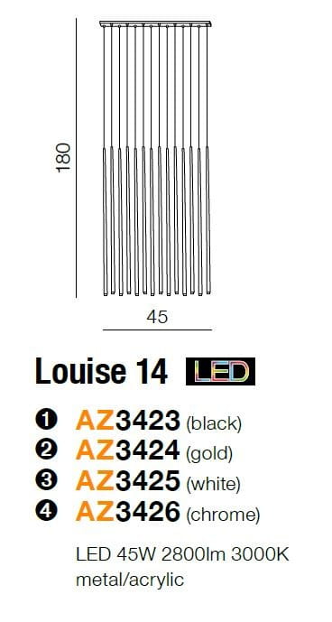 Biała lampa wisząca Louise LED z 14 punktami świetlnymi. Ma prostokątny kształt, wymiary 180 cm wysokości i 45 cm szerokości. Wykonana z metalu i akrylu, idealna do nowoczesnych wnętrz.