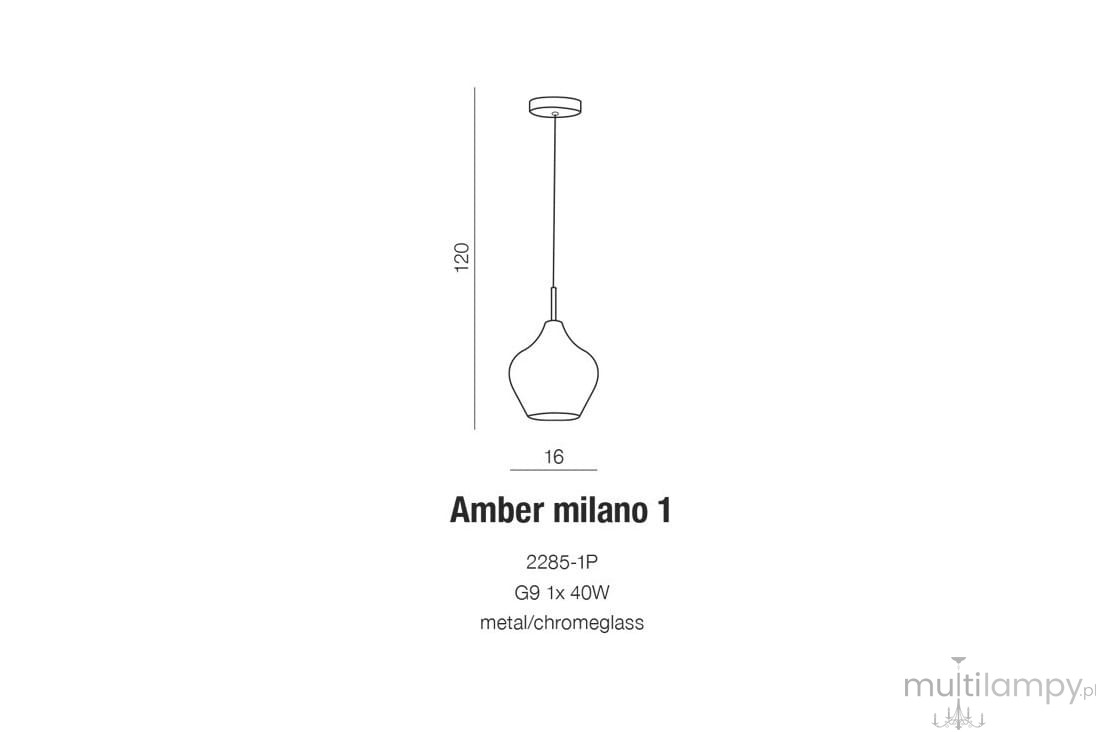 Lampa wisząca Amber Milano 1-punktowa w kolorze chromu, o kształcie przypominającym kroplę. Wymiary: wysokość 120 cm, średnica 16 cm. Wykonana z metalu i szkła, przeznaczona do żarówki G9 o mocy 40W.