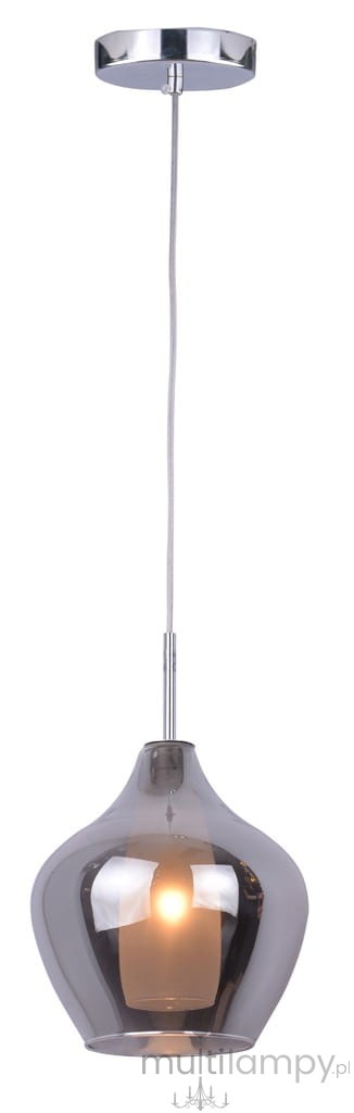 Lampa wisząca Amber Milano 1-punktowa w chromowanym wykończeniu. Szklany klosz o kształcie gruszki w kolorze szarym, zawieszony na cienkim kablu. Centralne źródło światła widoczne w środku klosza.