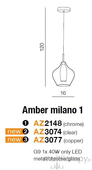 Lampa wisząca Amber Milano 1-punktowa, przeźroczysta, o kształcie zwężającym się ku dołowi. Wymiary: wysokość 120 cm, średnica 16 cm. Wykonana z metalu i szkła, z chromowanym wykończeniem. Przeznaczona do użycia z żarówką LED G9 1x40W.